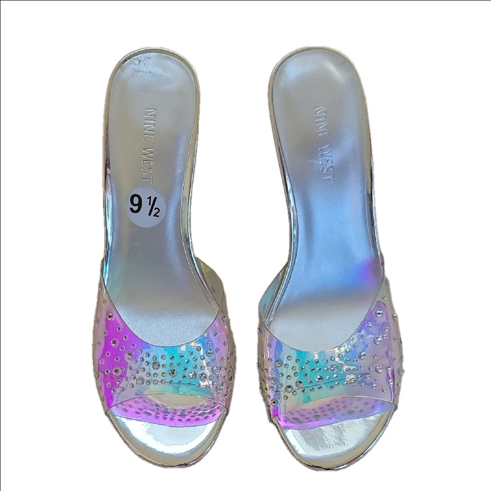 Nine West Women's Silver Stiletto Heel Rhinestone Slide Sandals Size 9.5 NWOT